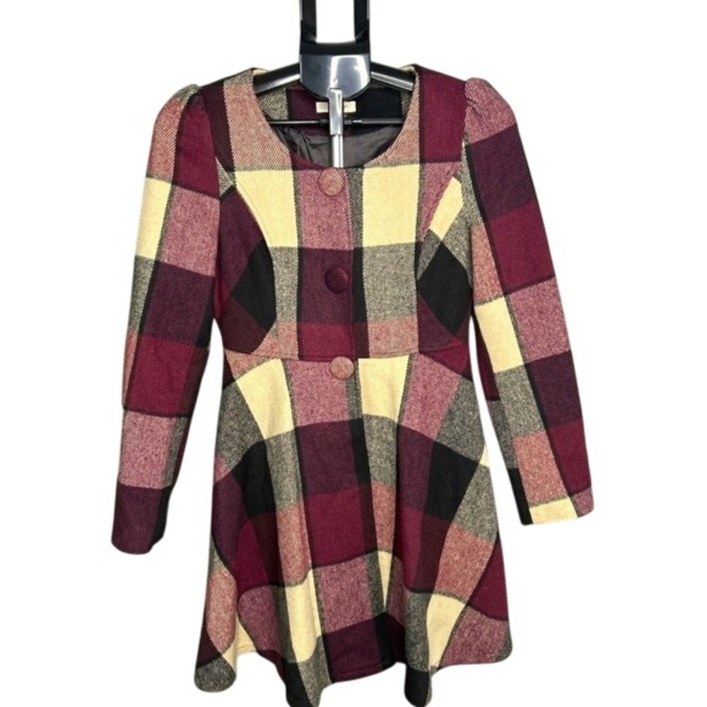 RYU Plaid Wool‎ Blend Flare Coat Size Small Maroon Yellow Black Button Front
